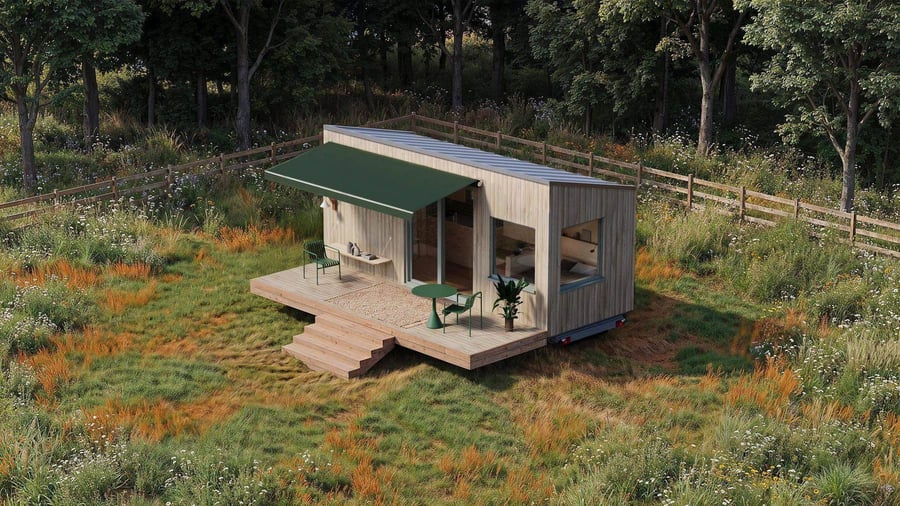 Visualisierung des Tiny House THOW 3 mit heller Holzfassade und grüner Markise am Waldrand