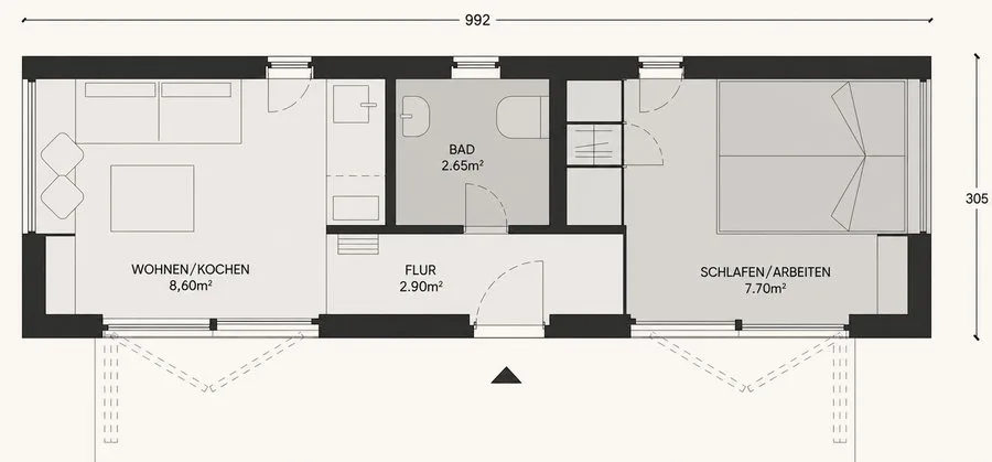 Floor plan of the Tinca Cabin: living and cooking, hallway, bathroom and bedroom/study on 992 by 305 cm, terrace along the long side