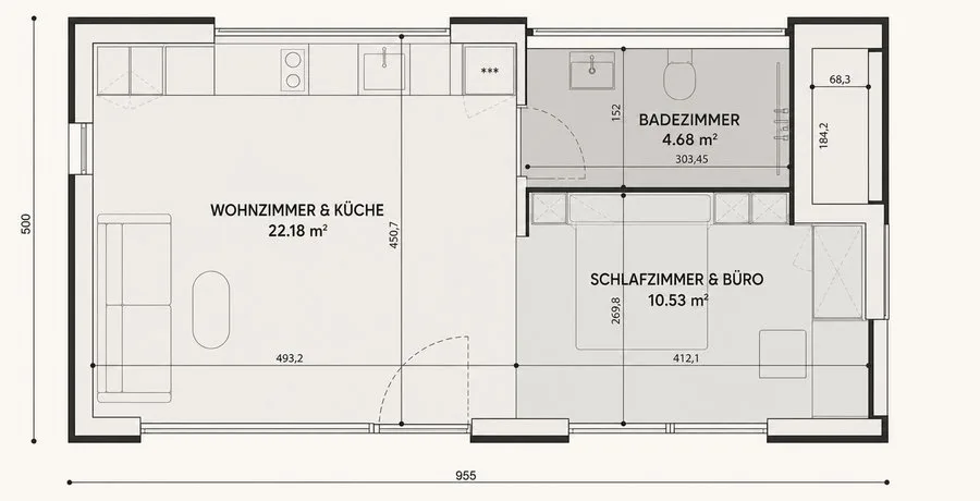 Floor plan of the TR01 modular house: open living room with kitchen, bedroom with study and bathroom, dimensions in cm