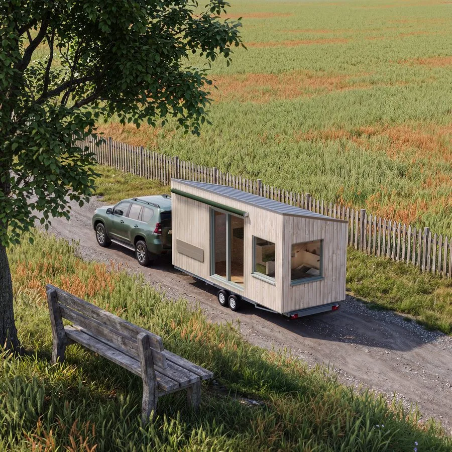 Render of the THOW 3: SUV towing the pale tiny house along a tree-lined country road past a wooden fence