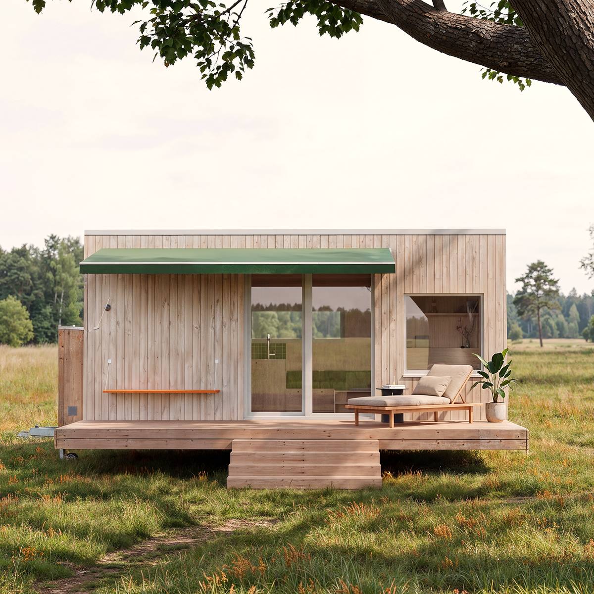 Visualisierung des THOW 3: SUV zieht das helle Tiny House eine baumgesäumte Landstraße entlang, vorbei an einem Holzzaun
