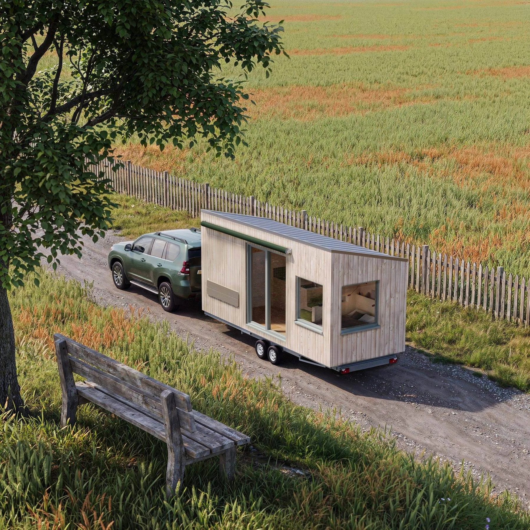 Visualisierung des THOW 3: SUV zieht das helle Tiny House eine baumgesäumte Landstraße entlang, vorbei an einem Holzzaun