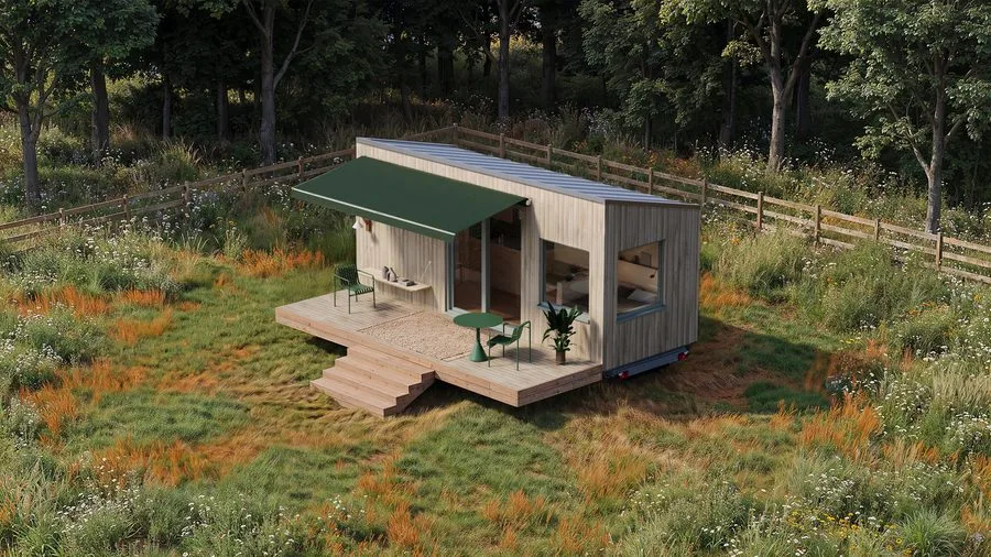Visualisierung des THOW 3 mit heller Holzfassade und Markise
