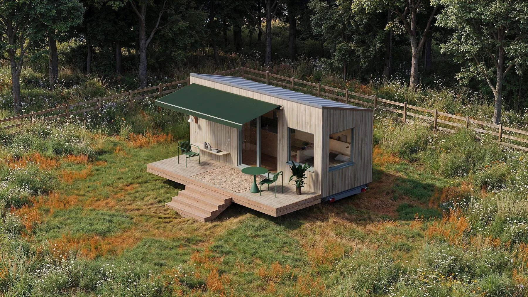 Render of the THOW 3: tiny house with a green awning extended over the terrace, wildflower meadow at the forest edge