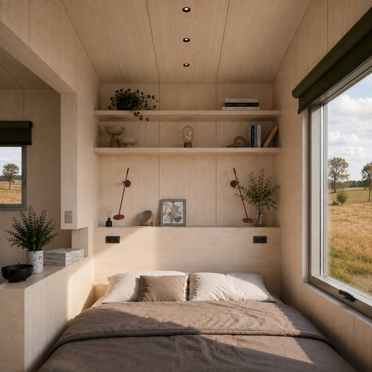 Visualisierung des THOW 3: Schlafnische mit Regalen und Fenster mit Blick auf ein goldenes Feld
