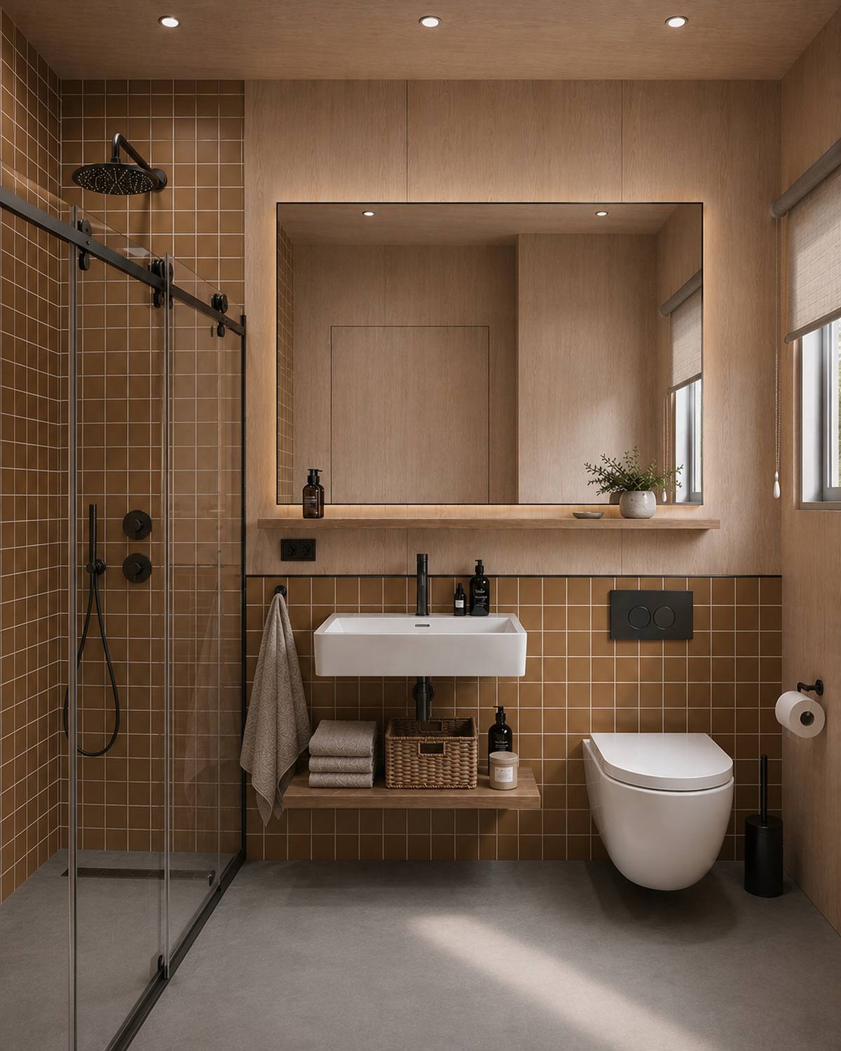 Visualisierung des THOW 3: Bad mit oxblutbrauner Fliesenwand in der Dusche, ovalem Spiegel, weißem Waschbecken und WC