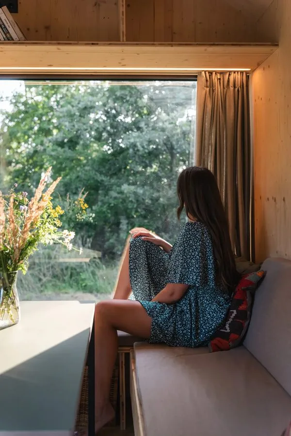 Living area of the Tinca Cabin: window seat with cushions, a resident looking into the garden, curtain and flowers