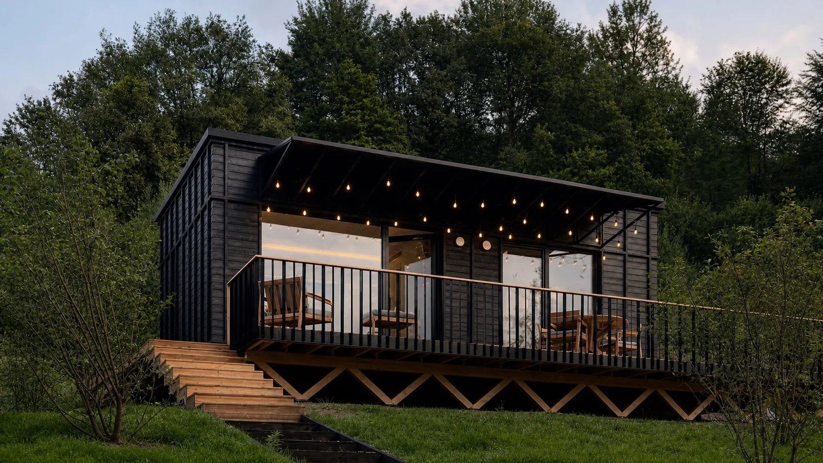 TR01 mit dunkler Holzfassade und umlaufender Terrasse