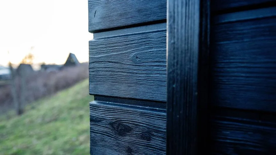 Detail of the dark timber façade of the TR01 in the evening sun, meadow in the background