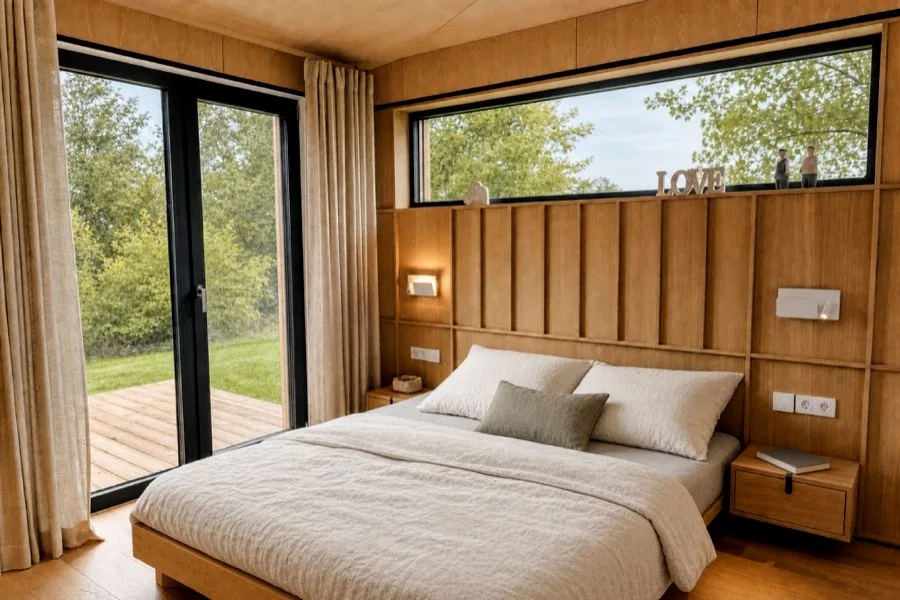 Bedroom in the TR3M showhouse with oak headboard wall, rooflight and open glass door to the green garden
