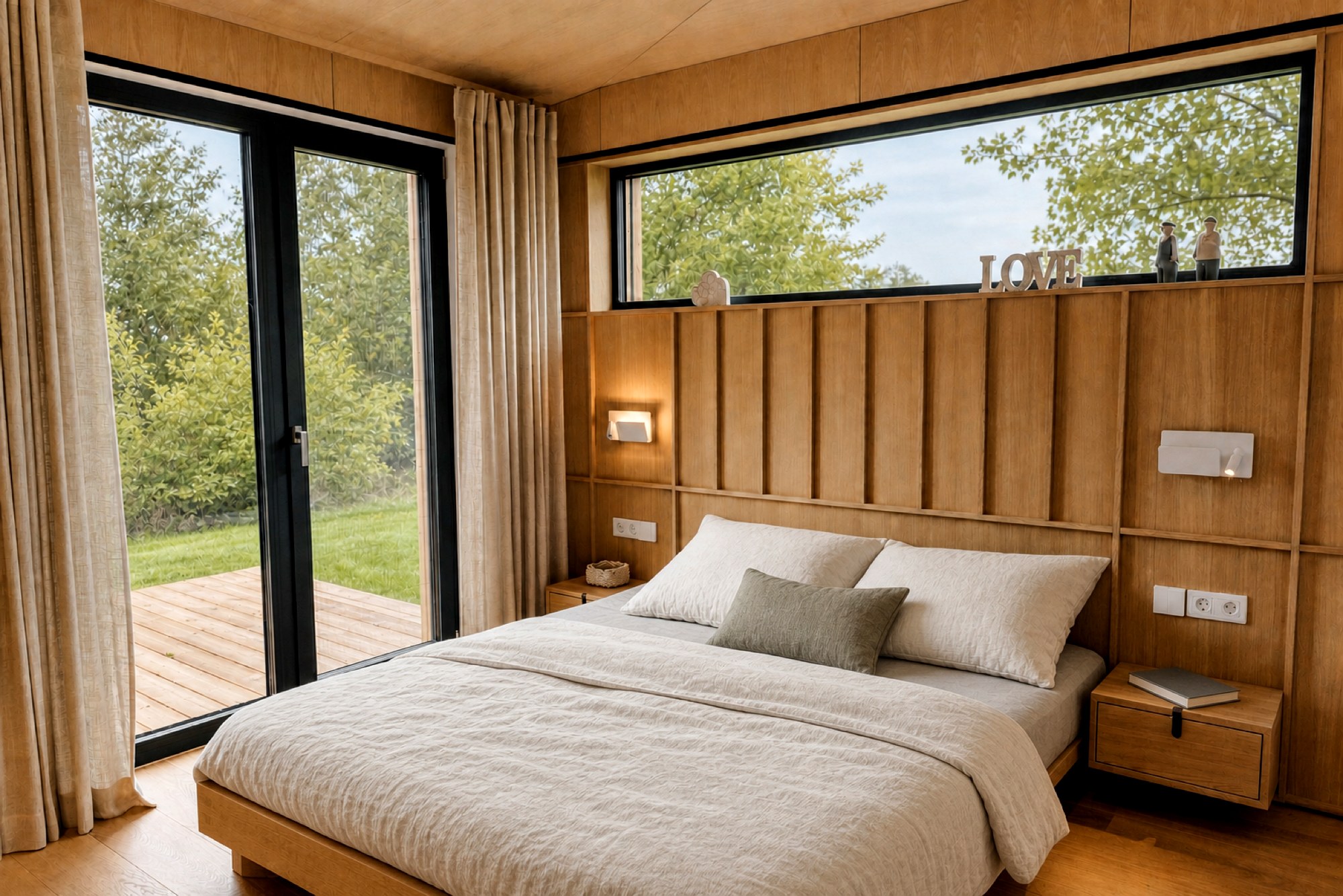 Schlafzimmer im Musterhaus TR3M mit Kopfteilwand aus Eiche, Oberlichtfenster und offener Glastür zum grünen Garten