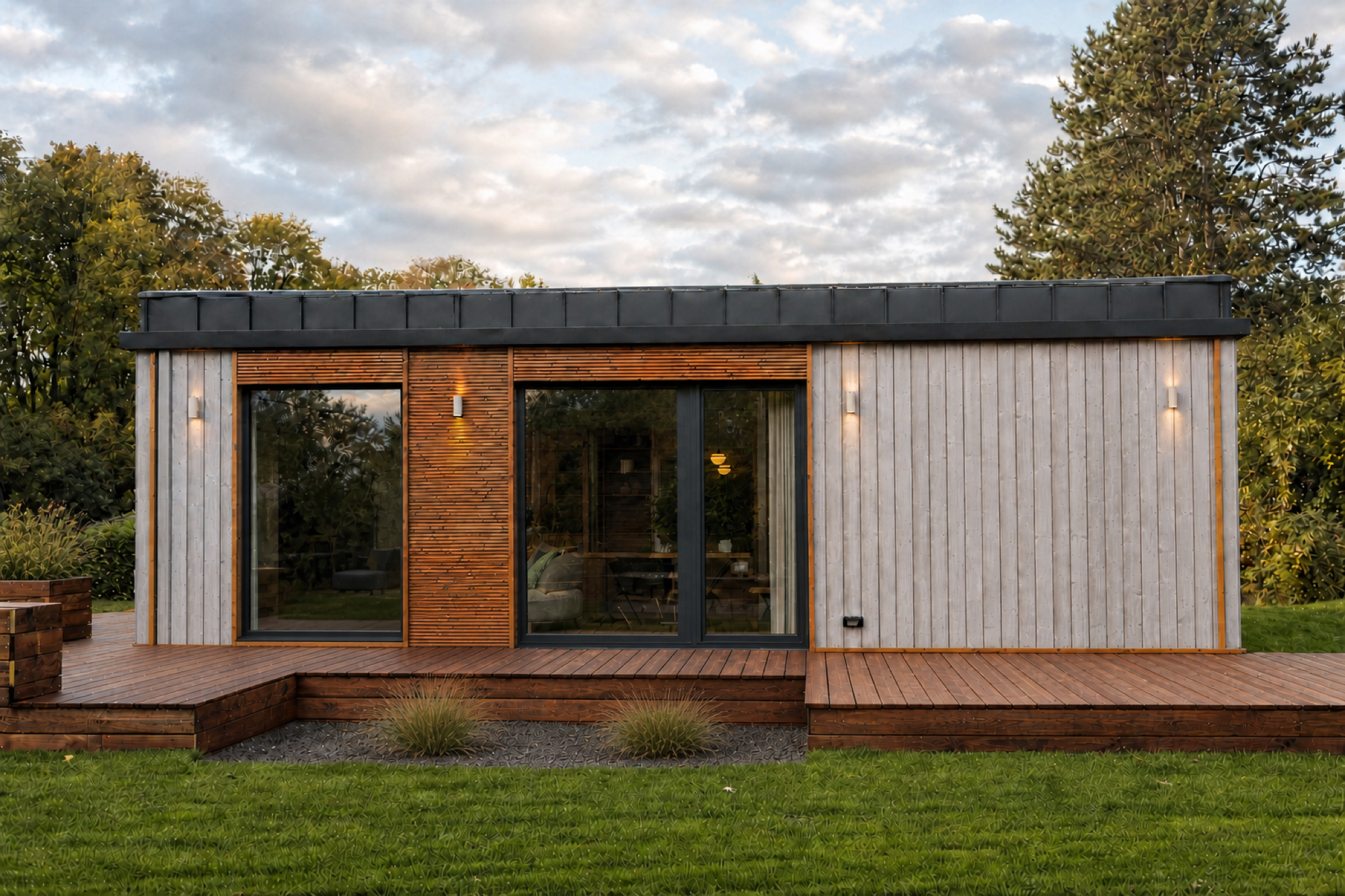 Gartenfassade des TR3M mit Holzverkleidung, großer Verglasung und Terrasse