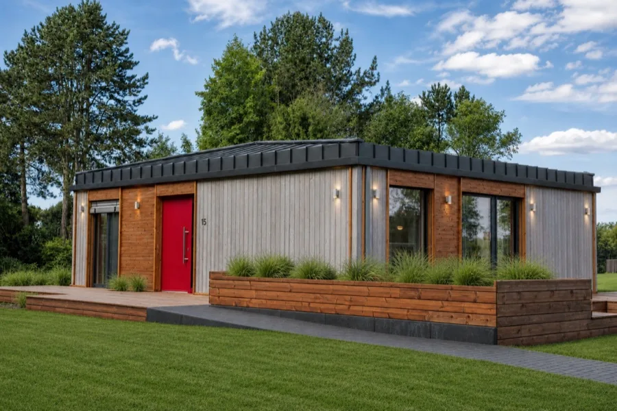 Street façade of the TR3M showhouse in full length: red front door, planted timber wall, deck and mature trees