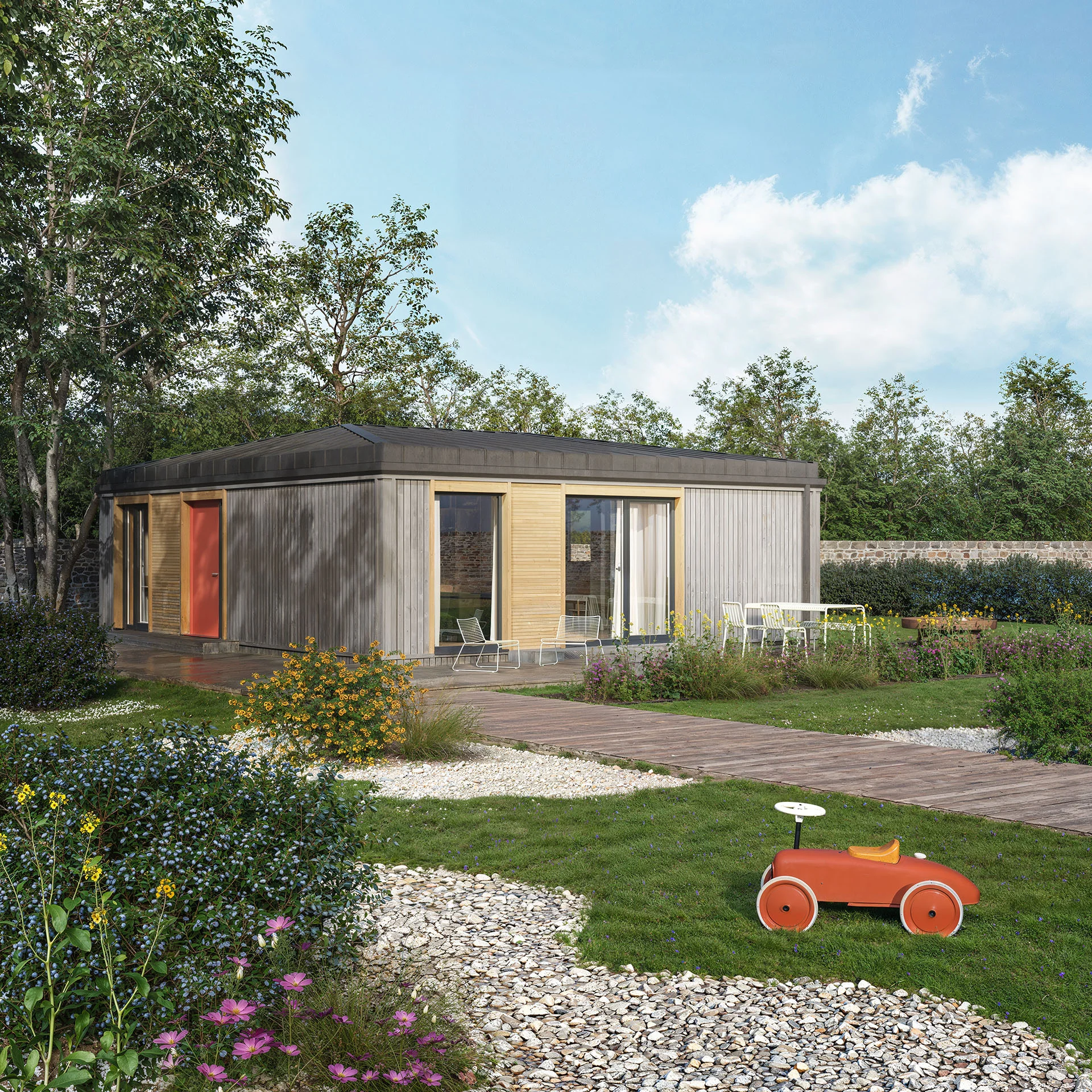 Dwellii TR3M Tiny House mit Cube-Erweiterung im Garten