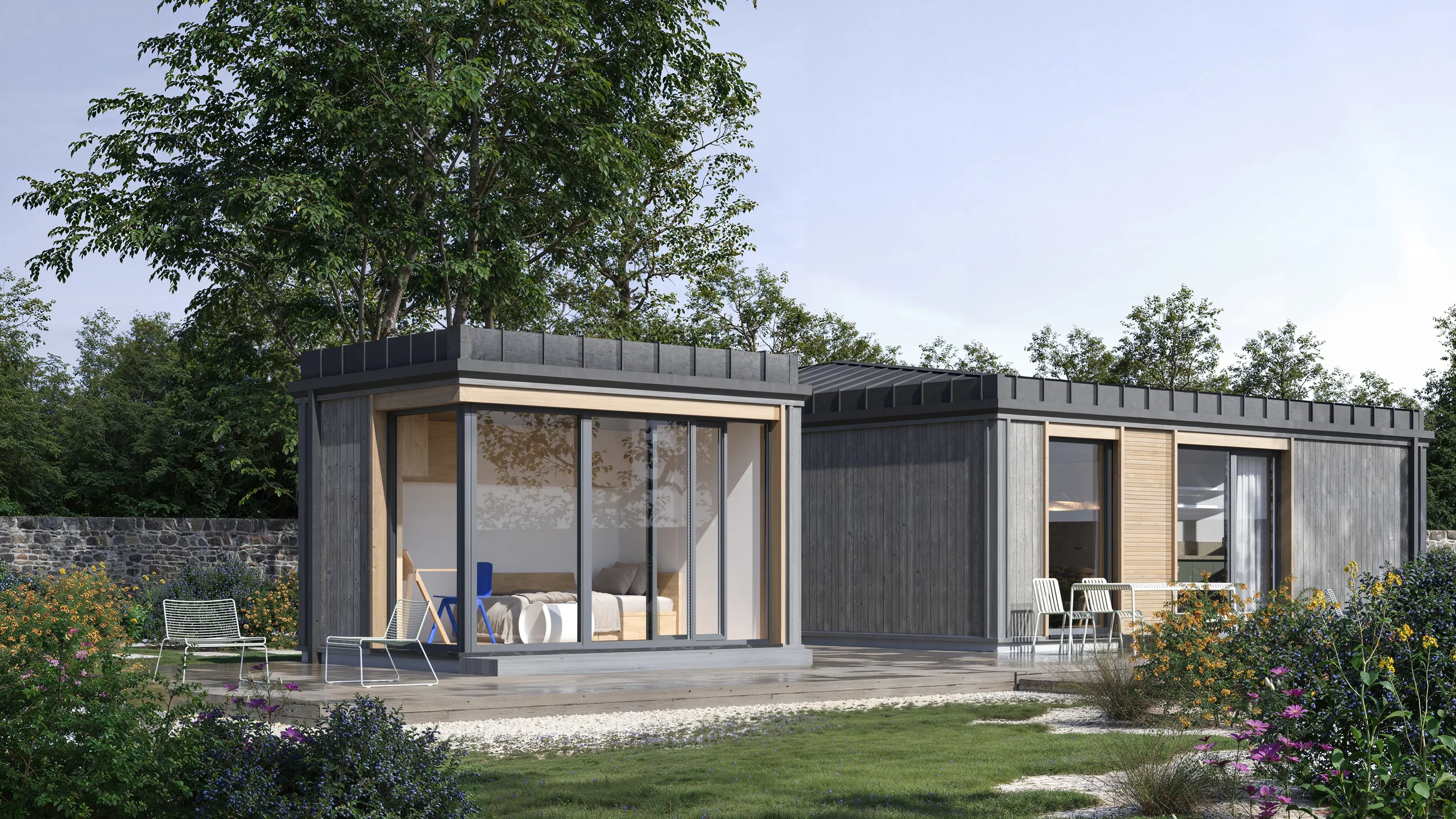 DWELLII Cube – Außenansicht des modularen Bürogebäudes